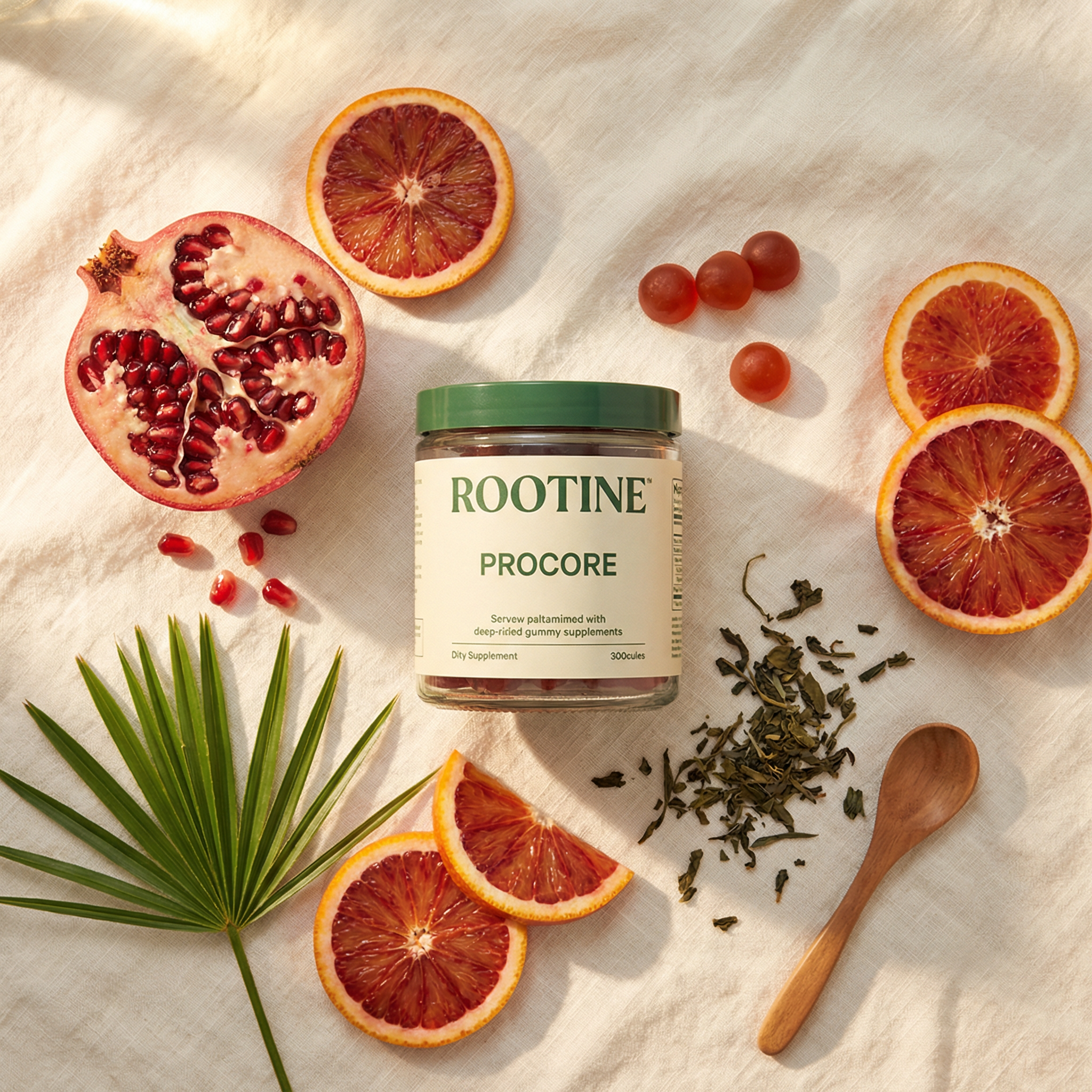 PROCORE jar surrounded by pomegranate, blood orange, saw palmetto and green tea — the key ingredients