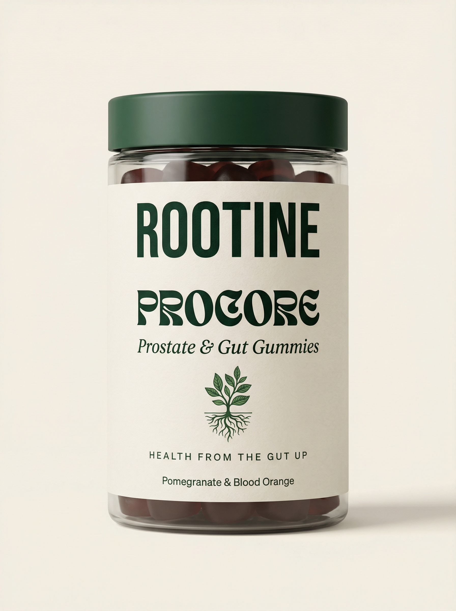 ROOTINE PROCORE Prostate and Gut Gummies — premium glass jar with cream label and forest green branding