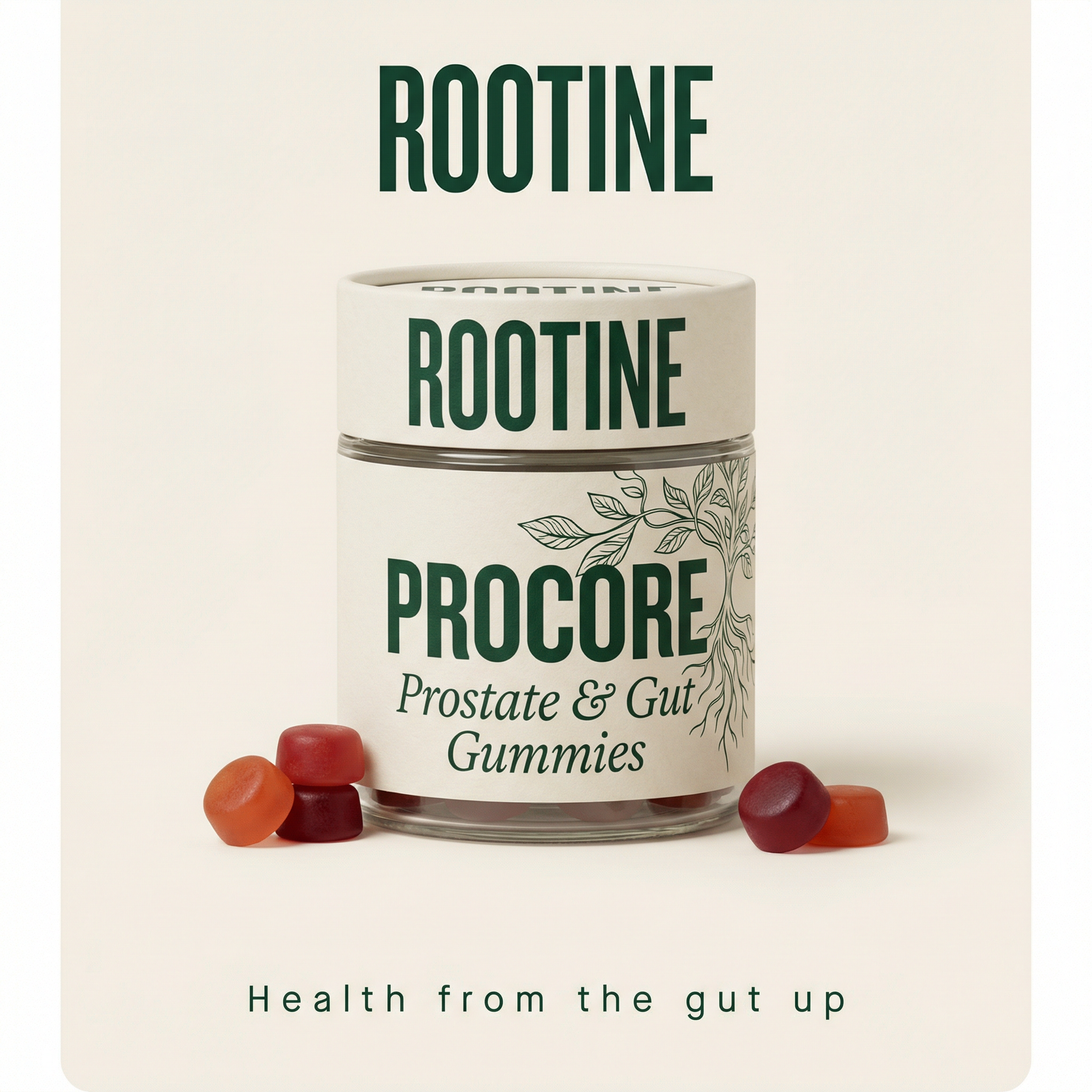 ROOTINE PROCORE product shot with gummies scattered on cream surface